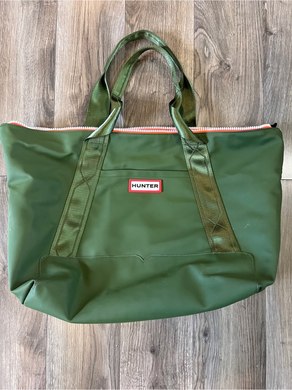 Hunter Olive Green Weekend Tote with Orange Zip Accent